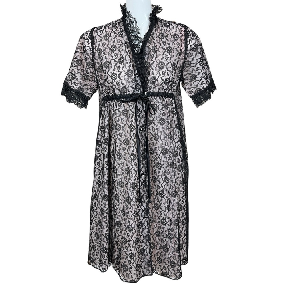 Union Made Fashions by Marilyn Pink with Black Lace Overlay Belted Robe Small